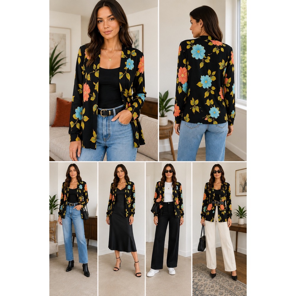 Ronni Nicole Floral Cardigan Women S Black Acetate 90's Vintage Shoulder Pads